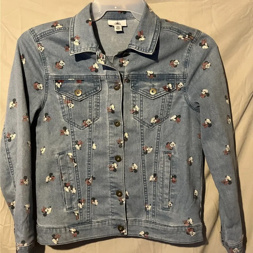 Disney‎ Adult Minnie Mouse All Over Face Print Denim Jean Jacket Women's XSmall